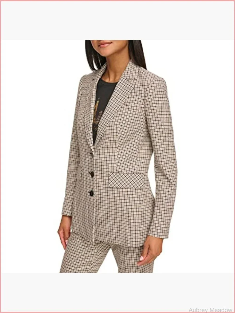 Three Button Plaid Fitted Blazer Notch Collar Long Sleeve Polyester